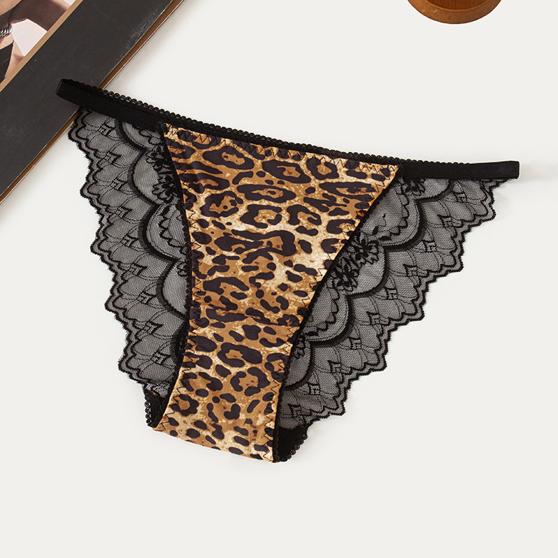 Ženske gaćice s niskim strukom, leopard uzorak, čipka, tanke elastične trake, Ice Silk tkanina, pamukasta podstava u preponama