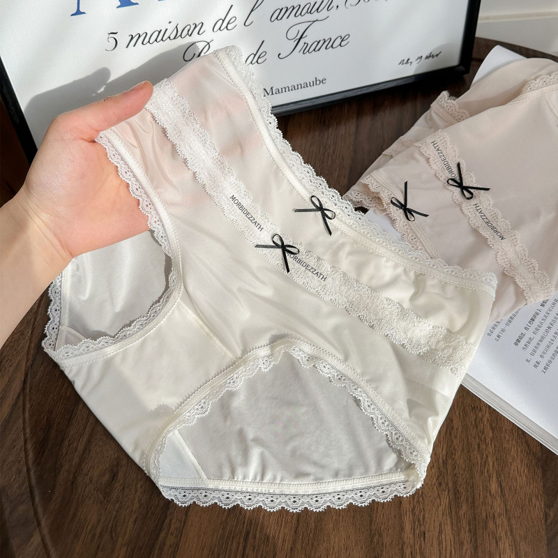 8408: Ultra tanke čipkaste Jacquard bikini gaćice s mašnicom, srednji pojas, prozračne, brzo-sušeće, antibakterijske.