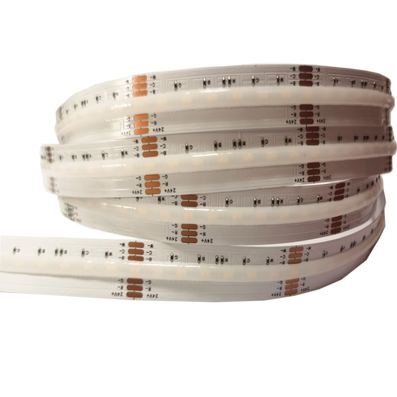 Pet u jednog RGB+CCT COB LED trake, 24V, 5 m, 18W/m, 840 LED, CRI 90, 180° snop, glatko neprekidno podešavanje jačine svjetla, trajanje 50.000 h, nije vodootporna, 5 godina jamstva