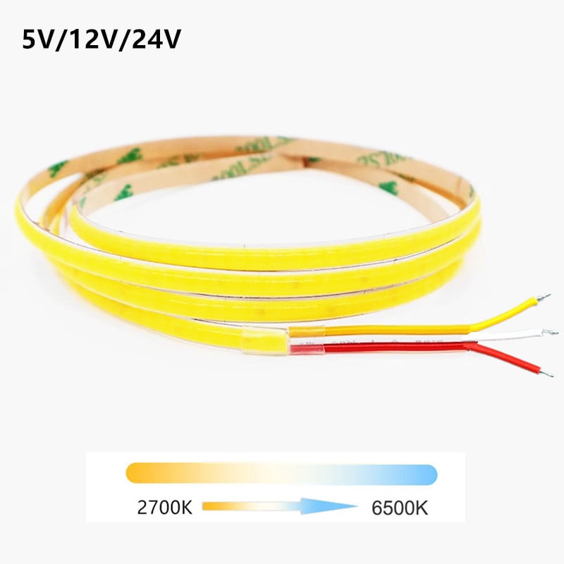 5 mm široka COB LED traka s dvobojnom temperaturom, neprekidno podešavanje jačine, ulaz 5V/12V/24V, promjena boje CCT u tri boje