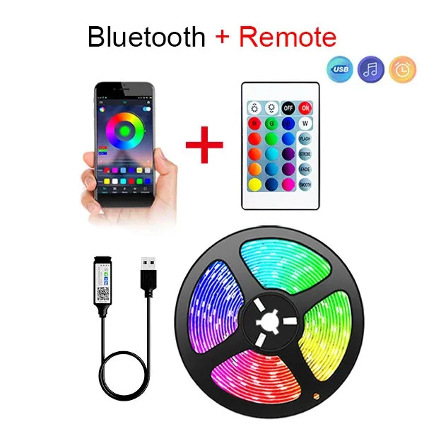 LED traka 5050, 5V USB, Bluetooth i daljinsko upravljanje s 24 tipkama, DIY RGB promjena boja, atmosferska rasvjetna traka