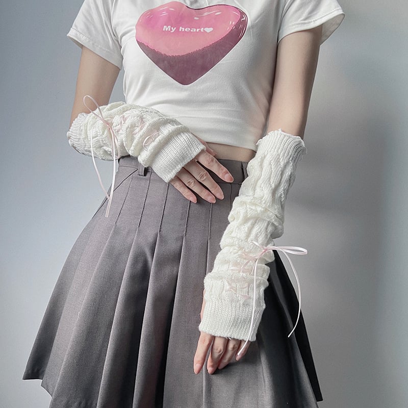 Zimske pletene manžetne za ruke s vezicama, japanski Lolita stil, duge