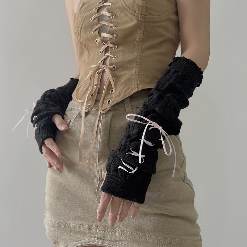 Zimske pletene manžetne za ruke s vezicama, japanski Lolita stil, duge