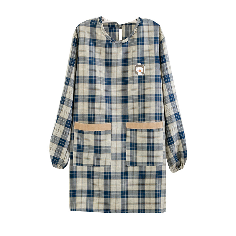 Pamukova kuhinjska pregača s rukavima, karirani uzorak s medvjedićem, vodootporna i otporna na mrlje, obostrana kuhinjska pregača
