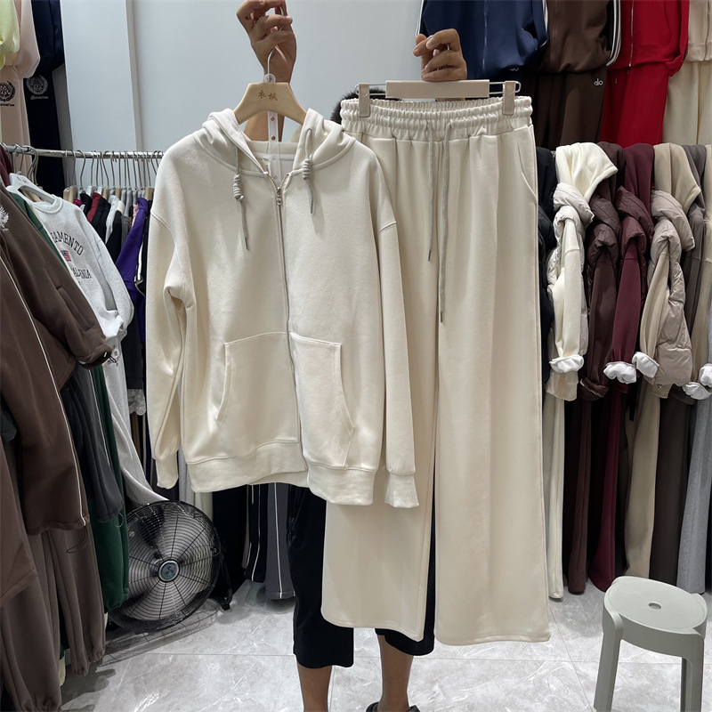 Ženski jesenji casual dvodijelni komplet: hoodie s kapuljom i kardiganom te široke hlače, jednobojno