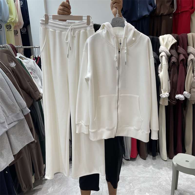 Ženski jesenji casual dvodijelni komplet: hoodie s kapuljom i kardiganom te široke hlače, jednobojno