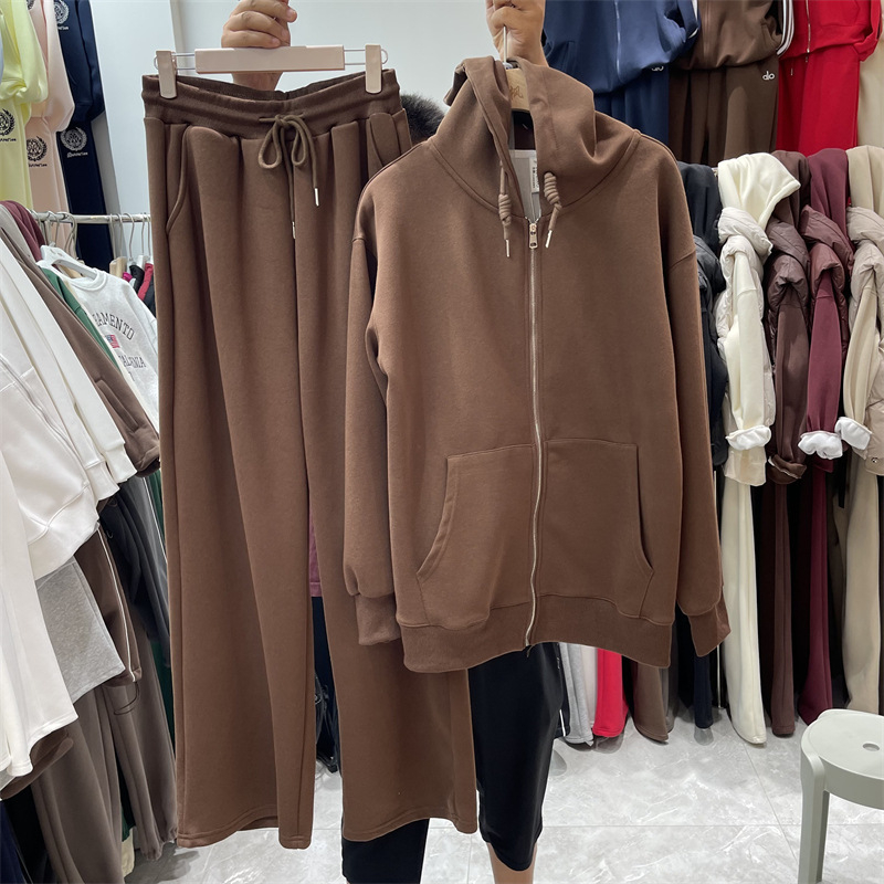 Ženski jesenji casual dvodijelni komplet: hoodie s kapuljom i kardiganom te široke hlače, jednobojno