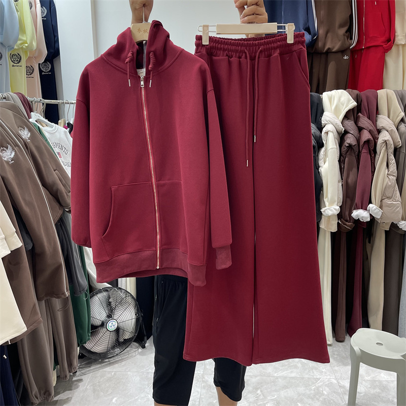 Ženski jesenji casual dvodijelni komplet: hoodie s kapuljom i kardiganom te široke hlače, jednobojno