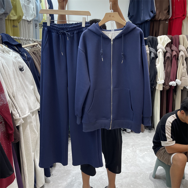 Ženski jesenji casual dvodijelni komplet: hoodie s kapuljom i kardiganom te široke hlače, jednobojno