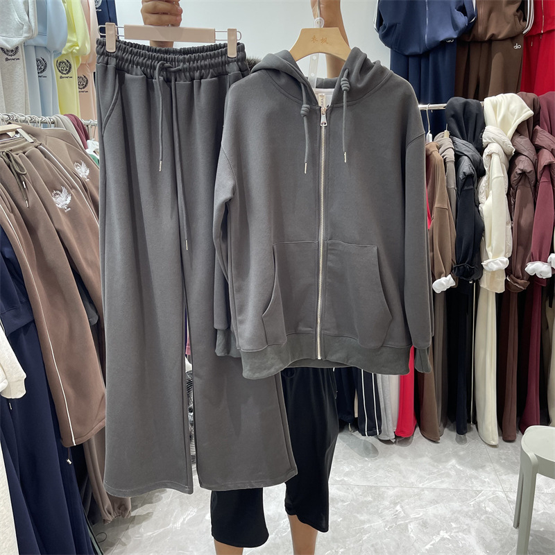 Ženski jesenji casual dvodijelni komplet: hoodie s kapuljom i kardiganom te široke hlače, jednobojno