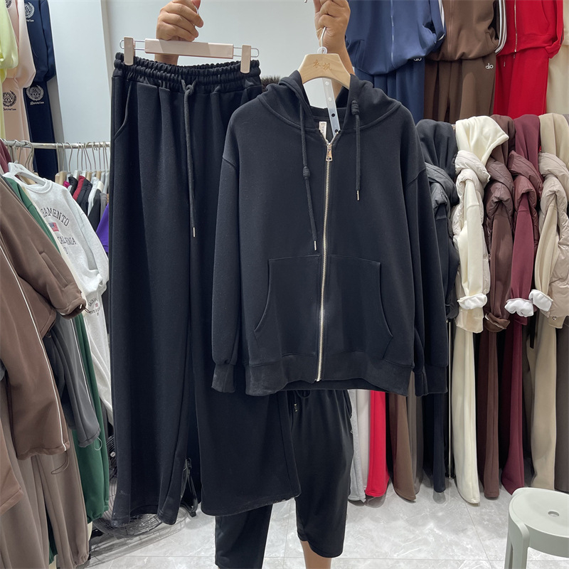 Ženski jesenji casual dvodijelni komplet: hoodie s kapuljom i kardiganom te široke hlače, jednobojno