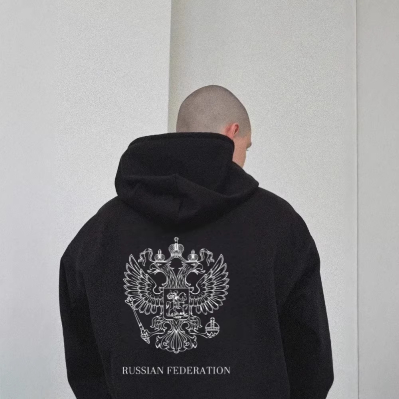 Unisex μαύρο φούτερ με κουκούλα και φερμουάρ, εκτύπωση με γράμματα, φαρδιά γραμμή