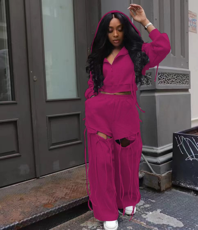 Σετ γυναικείο: μπουφάν με κουκούλα και φερμουάρ και παντελόνια φαρδιά με σκισμένες λεπτομέρειες, μονόχρωμο, φθινοπωρινή συλλογή 2025