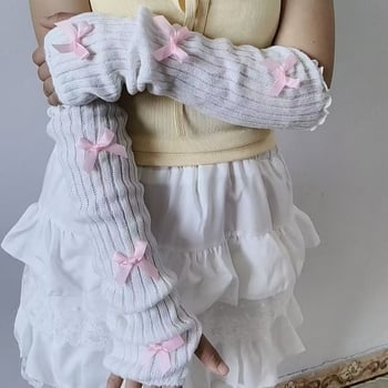 Pleteni rukavi za podlakticu bez prstiju s mašnicom, japanskog stila, Y2K