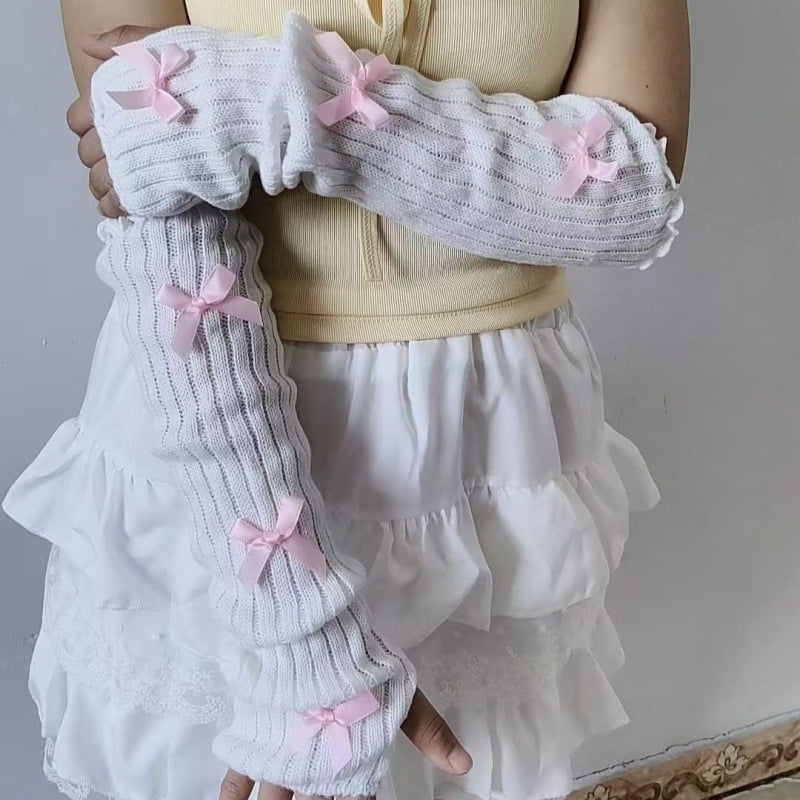 Pleteni rukavi za podlakticu bez prstiju s mašnicom, japanskog stila, Y2K
