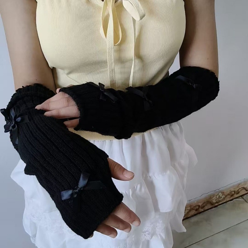Pleteni rukavi za podlakticu bez prstiju s mašnicom, japanskog stila, Y2K