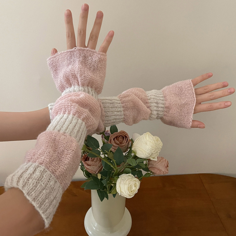 Mohair duge rukavice bez prstiju u Lolita stilu, patchwork šavovi, toplo