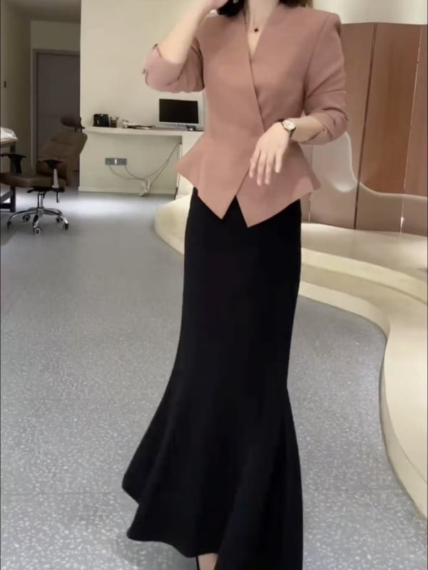 Jieyu elegantan jednofarbeni kostim sa suknjom i sakoom