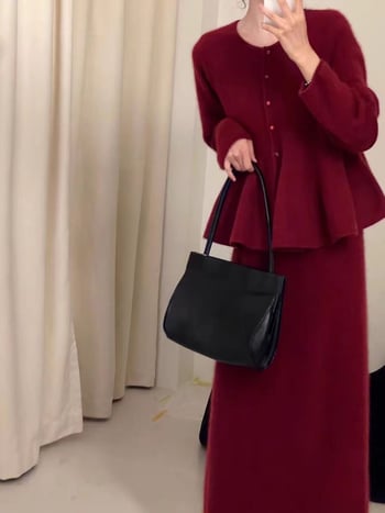 Ženski pleteni dvodijelni komplet: midi suknja i džemper, elegantan svakodnevni stil za jesen i zimu