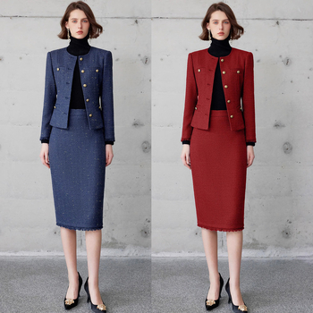 Zimska 2025 tweed haljina-komplet za žene — okrugli izrez, uredski stil, vitak kroj, priljubljene bokove, srednja duljina, dugi rukavi, Chanel nadahnut stil