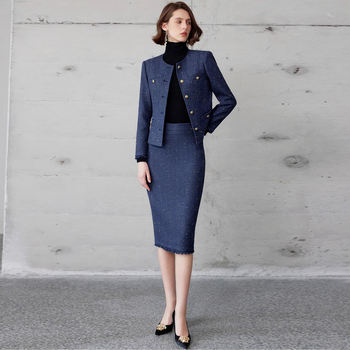 Zimska 2025 tweed haljina-komplet za žene — okrugli izrez, uredski stil, vitak kroj, priljubljene bokove, srednja duljina, dugi rukavi, Chanel nadahnut stil