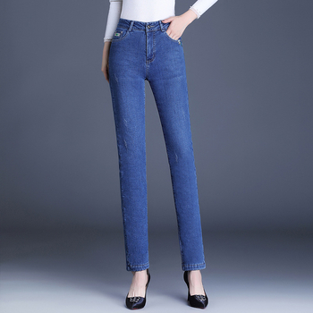 Γυναικείοι τζιν με fleece επένδυση, ίσια γραμμή, ψηλή μέση, ελαστικά