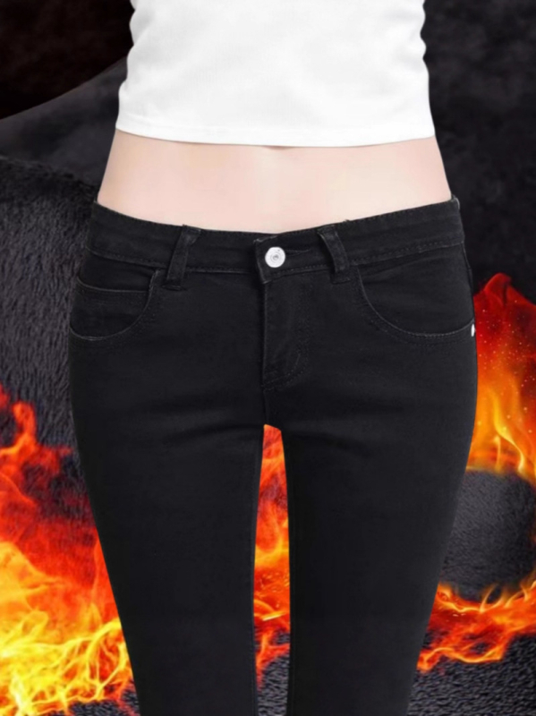 Γυναικείοι τζίν με χαμηλή μέση, fleece επένδυση για ζεστό χειμώνα, στενή εφαρμογή, ελαστικοί, σέξι, αποκαλύπτουν την κοιλιά