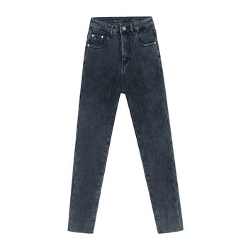 Γυναικείνα τζίν denim μπλε-γκρι, επενδυμένα με φλίς για φθινόπωρο-χειμώνα, για μικρό ανάστημα, στενή γραμμή, υψηλή μέση, ελαστικές ίνες