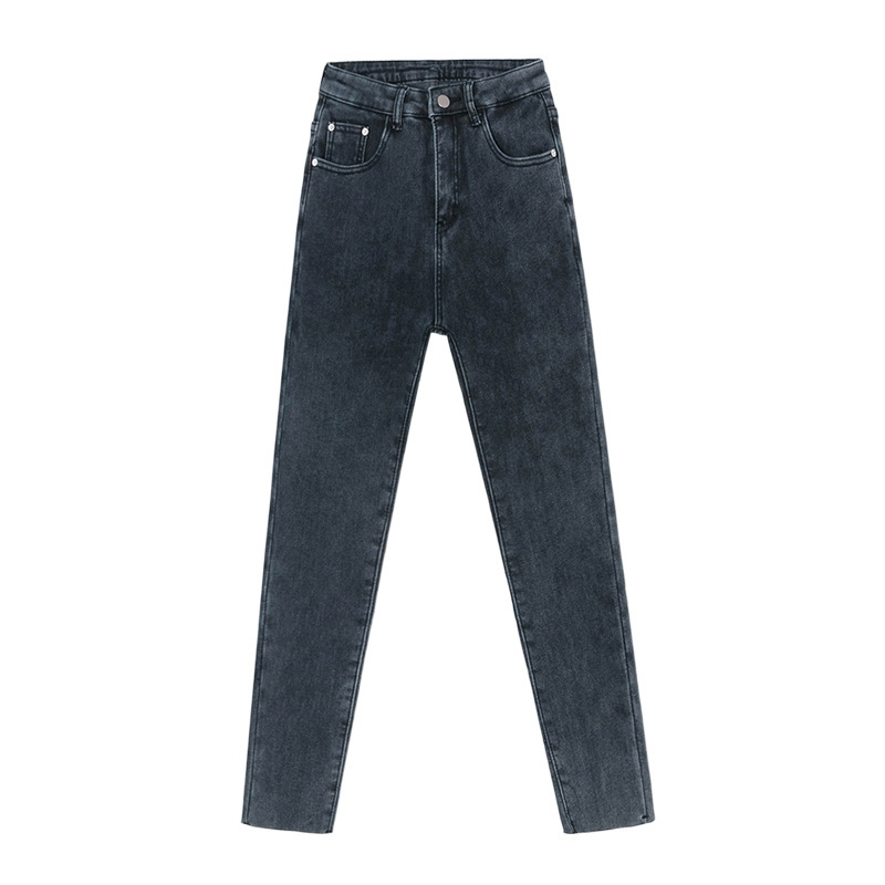Γυναικείνα τζίν denim μπλε-γκρι, επενδυμένα με φλίς για φθινόπωρο-χειμώνα, για μικρό ανάστημα, στενή γραμμή, υψηλή μέση, ελαστικές ίνες