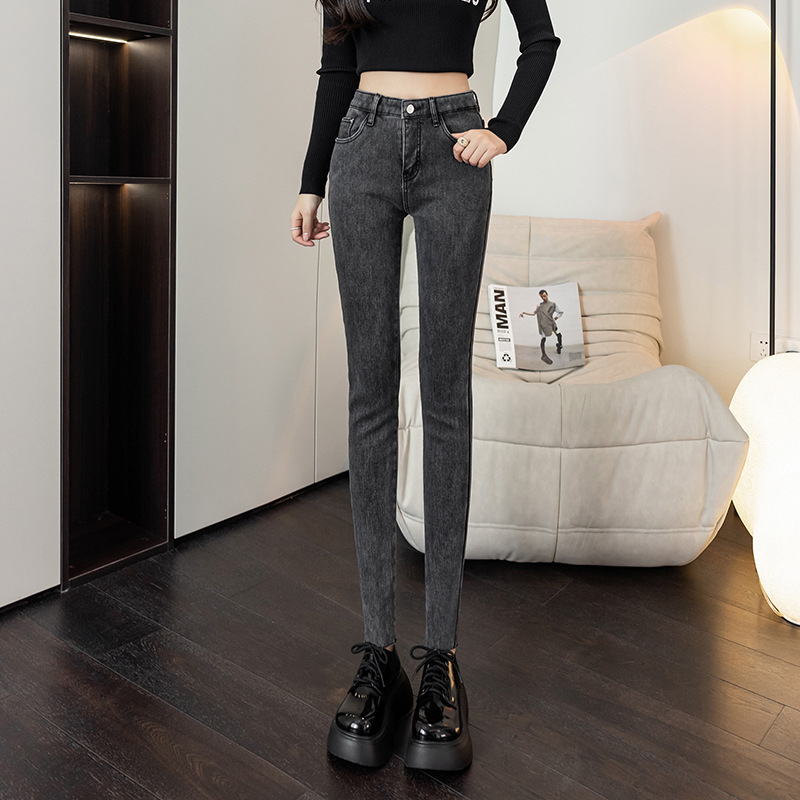 Γυναικείνα τζίν denim μπλε-γκρι, επενδυμένα με φλίς για φθινόπωρο-χειμώνα, για μικρό ανάστημα, στενή γραμμή, υψηλή μέση, ελαστικές ίνες