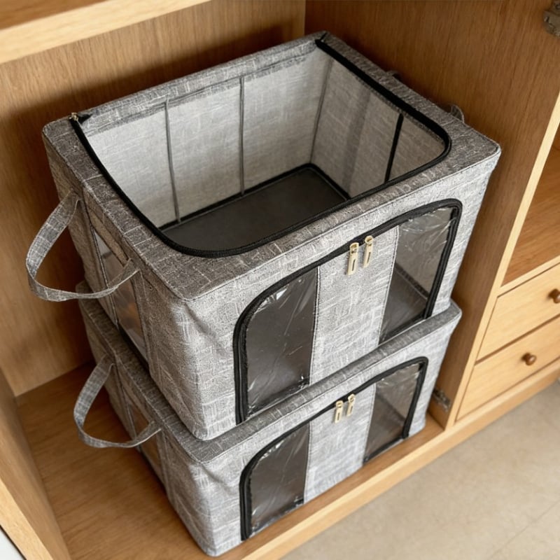 Velika sklopiva kutija za odlaganje odjeće od netkanog materijala, garderobni organizator, prilagodljiv, kapacitet 60–70 L, japanskog stila dizajn; dimenzije: 24 L (40×30×20 cm), 66 L (50×40×33 cm), 100 L (60×42×40 cm)