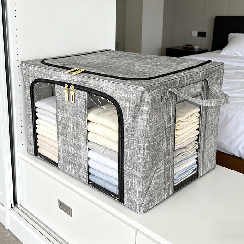 Velika sklopiva kutija za odlaganje odjeće od netkanog materijala, garderobni organizator, prilagodljiv, kapacitet 60–70 L, japanskog stila dizajn; dimenzije: 24 L (40×30×20 cm), 66 L (50×40×33 cm), 100 L (60×42×40 cm)