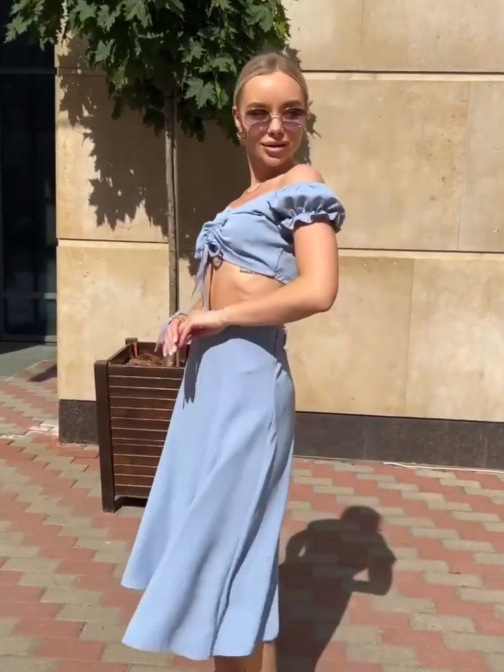 Ženski set: bluza s V-izrezom i midi suknja, cvjetni uzorak, francuski retro stil, puff rukavi, top s vezanjem