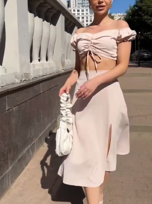 Ženski set: bluza s V-izrezom i midi suknja, cvjetni uzorak, francuski retro stil, puff rukavi, top s vezanjem
