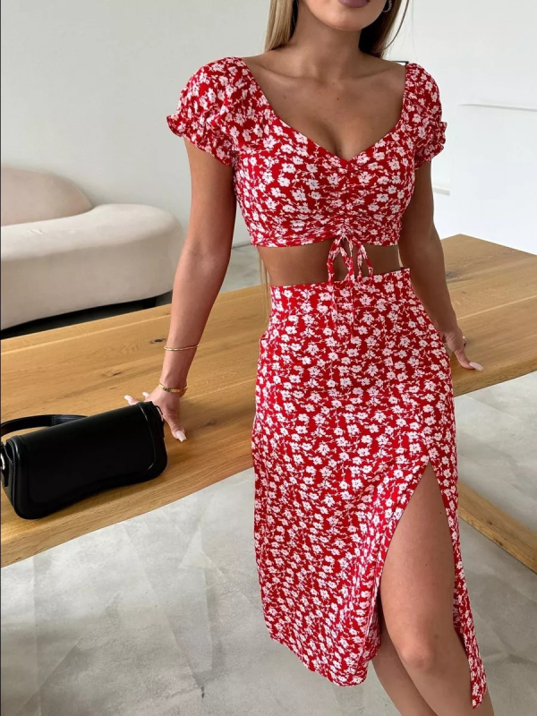 Ženski set: bluza s V-izrezom i midi suknja, cvjetni uzorak, francuski retro stil, puff rukavi, top s vezanjem