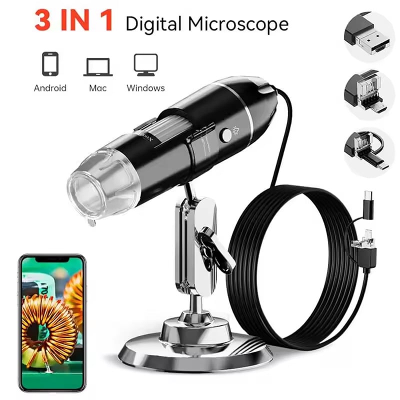 3-u-1 mikroskop s povećanjem 1600x za pametne telefone, računala i Android USB-C mikroskop