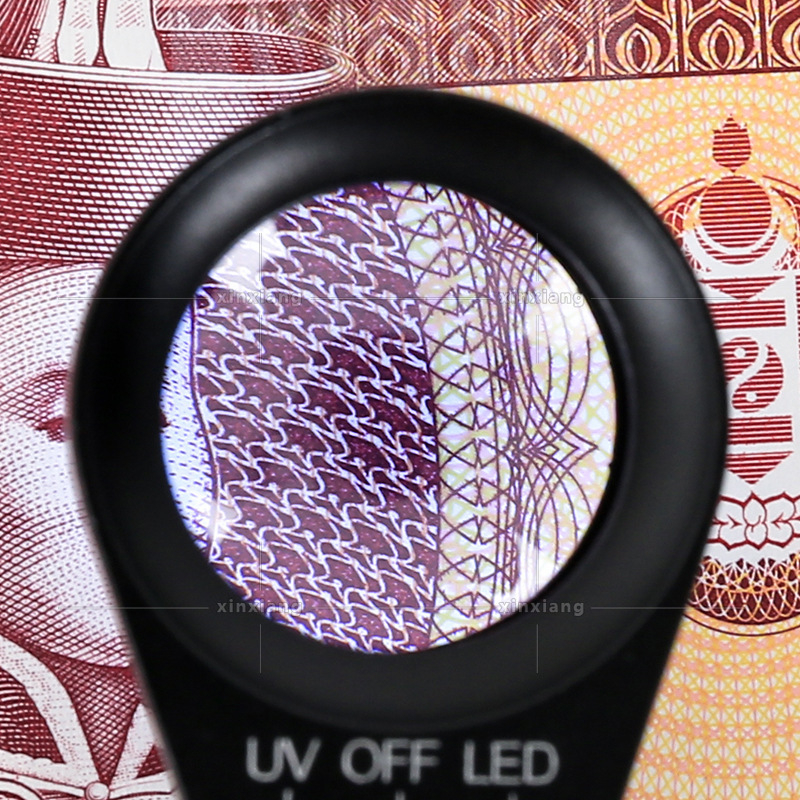 Optičko staklo 10× povećalo za ocjenu staroštitnih dragulja, s šest LED kružnica i sedam UV fluorescencijskih svjetala za provjeru novčanica