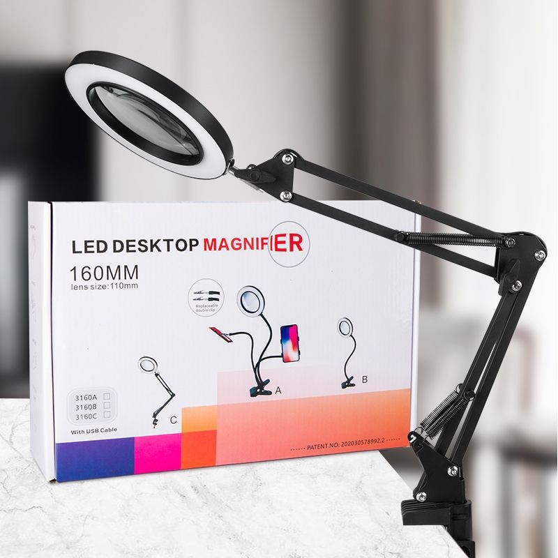 Stolna LED lampica s klipsom i staklenim povećalom 10x, tri boje, za čitanje, njegu ljepote (tetoviranje obrva), šivanje i popravke