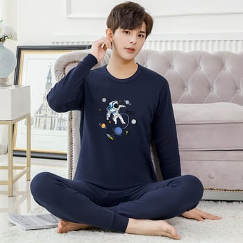 Set termic din bumbac pentru adolescenți: tricou cu guler rotund și pantaloni, ținută lejeră de casă pentru toamnă–iarna
