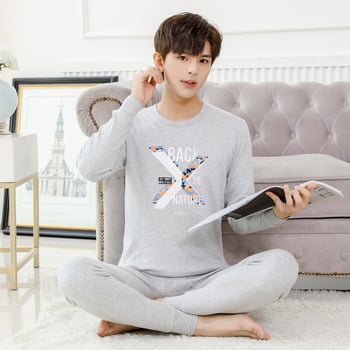 Set termic din bumbac pentru adolescenți: tricou cu guler rotund și pantaloni, ținută lejeră de casă pentru toamnă–iarna