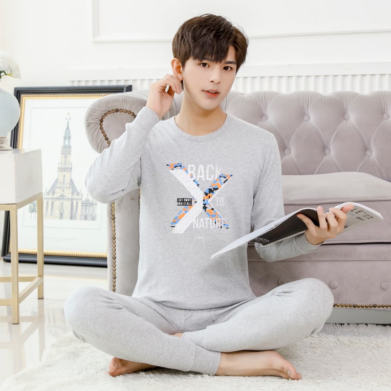 Set termic din bumbac pentru adolescenți: tricou cu guler rotund și pantaloni, ținută lejeră de casă pentru toamnă–iarna