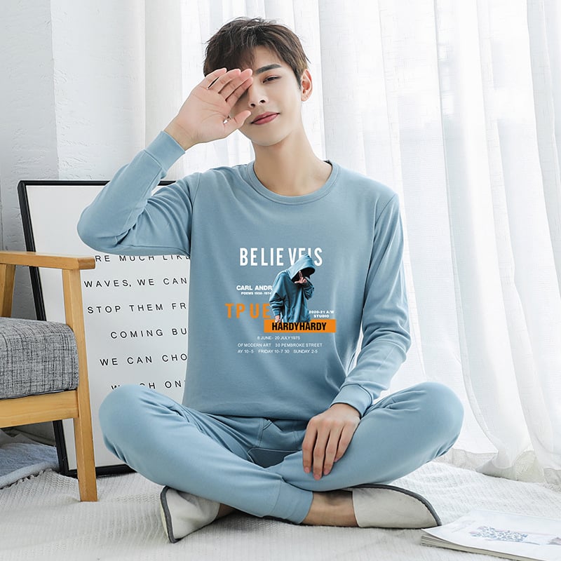 Set termic din bumbac pentru adolescenți: tricou cu guler rotund și pantaloni, ținută lejeră de casă pentru toamnă–iarna