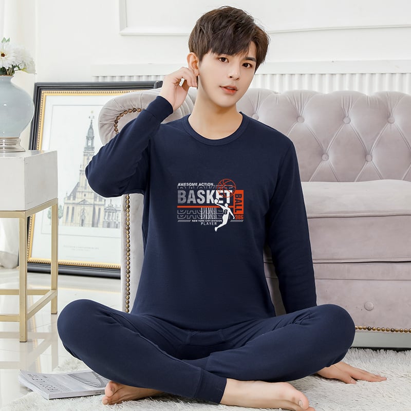 Set termic din bumbac pentru adolescenți: tricou cu guler rotund și pantaloni, ținută lejeră de casă pentru toamnă–iarna