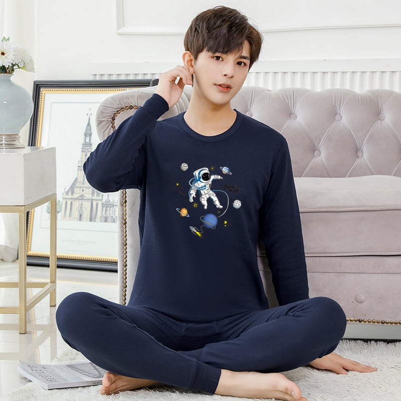 Set termic din bumbac pentru adolescenți: tricou cu guler rotund și pantaloni, ținută lejeră de casă pentru toamnă–iarna