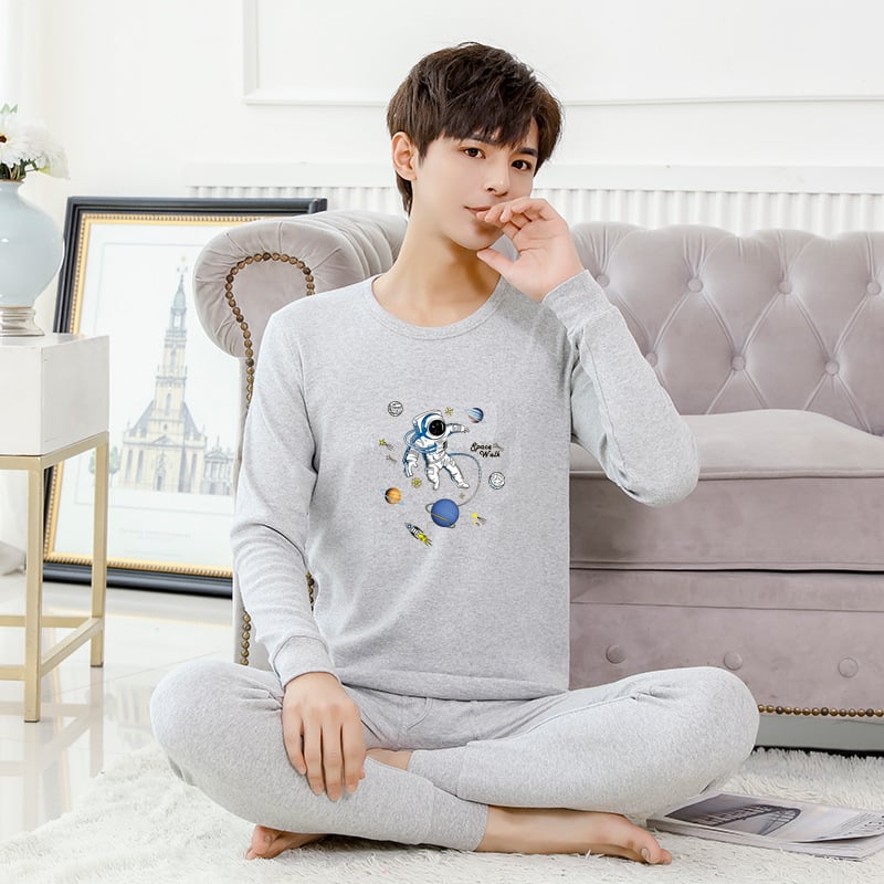 Set termic din bumbac pentru adolescenți: tricou cu guler rotund și pantaloni, ținută lejeră de casă pentru toamnă–iarna