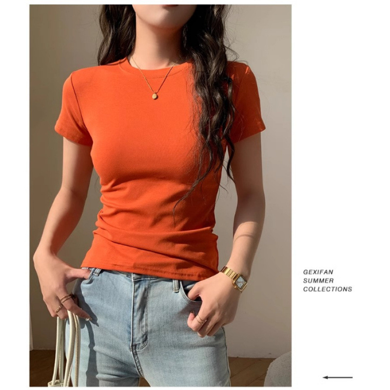 Γυναικείο βαμβακικό T-shirt, εφαρμοστό στυλ, κοντομάνικο, στρογγυλός λαιμός, φιλικό προς το δέρμα, απαλό και ελαστικό – Άνοιξη 2025