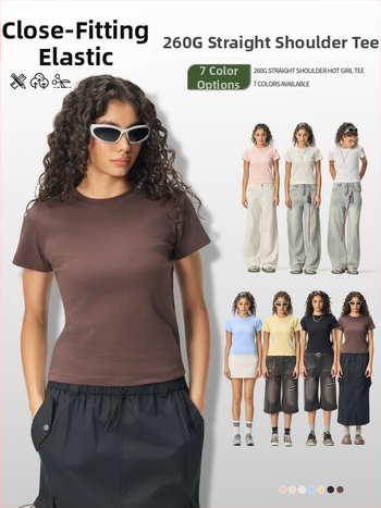Ljetni crop-top u američkom stilu, kratki rukav, ženski slim-fit T-shirt jedne boje, 260 g