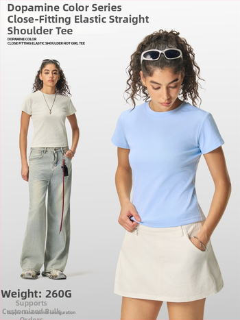 Ljetni crop-top u američkom stilu, kratki rukav, ženski slim-fit T-shirt jedne boje, 260 g