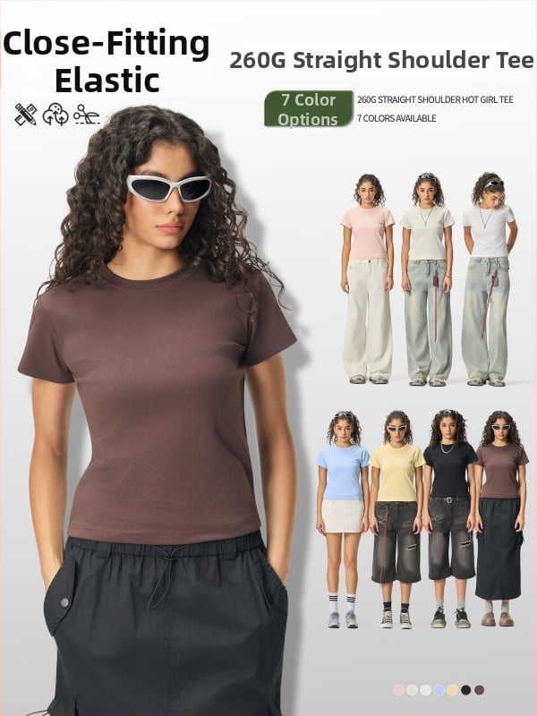 Ljetni crop-top u američkom stilu, kratki rukav, ženski slim-fit T-shirt jedne boje, 260 g