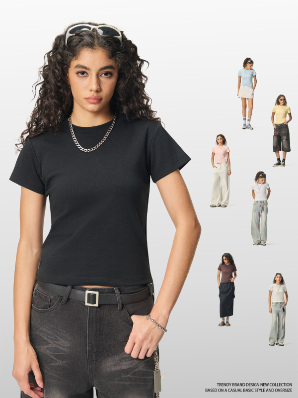Ljetni crop-top u američkom stilu, kratki rukav, ženski slim-fit T-shirt jedne boje, 260 g
